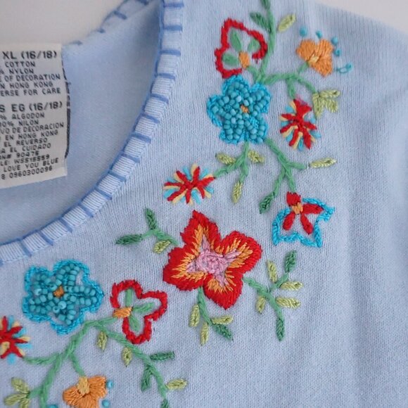 Vintage White Stag Baby Blue Embroidered Floral Collar Trim Cotton Sweater XL - Picture 12 of 12